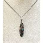 Silver Feather Pendant Necklace Turquoise Accent Boho Southwestern Style N451