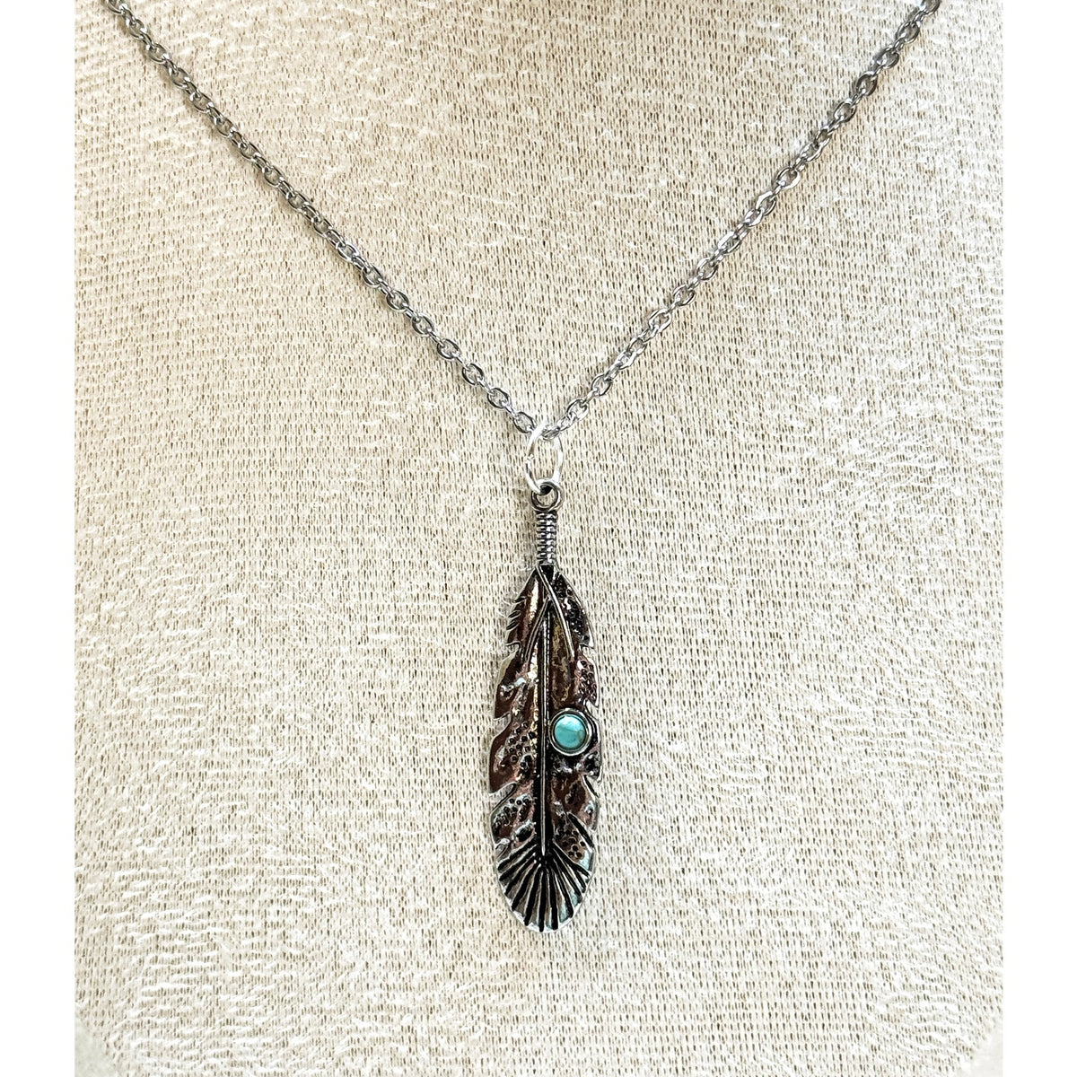 Silver Feather Pendant Necklace Turquoise Accent Boho Southwestern Style N451