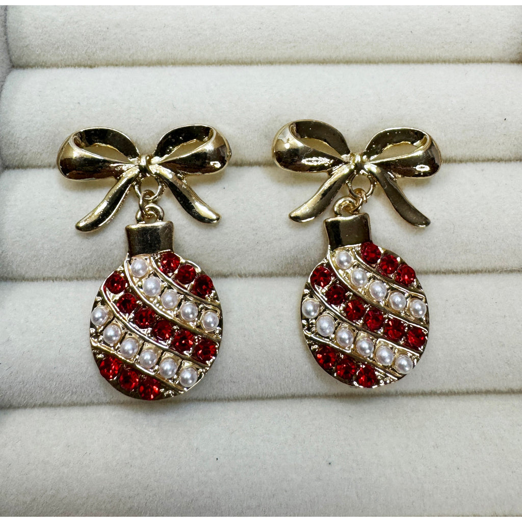 Christmas Ornament Bow Earrings Gold Tone Red Rhinestone Faux Pearl Posts 1.5"