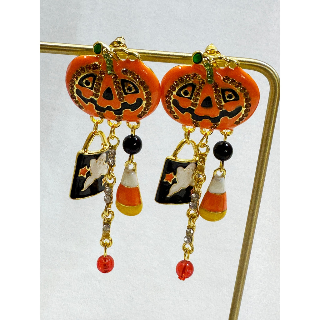 Halloween Jack O' Lantern Pumpkin Candy Corn Dangle Post Earrings 2.5" New E471