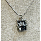 Silver Tone Black Enamel Flower Necklace Faux Pearl 18" Metal Cord New N463