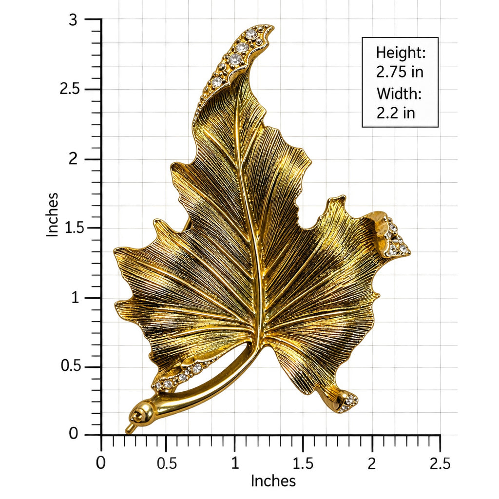 Gold Tone Maple Leaf Brooch Clear Rhinestone Vintage Style Fall Pin 2.75" CP212