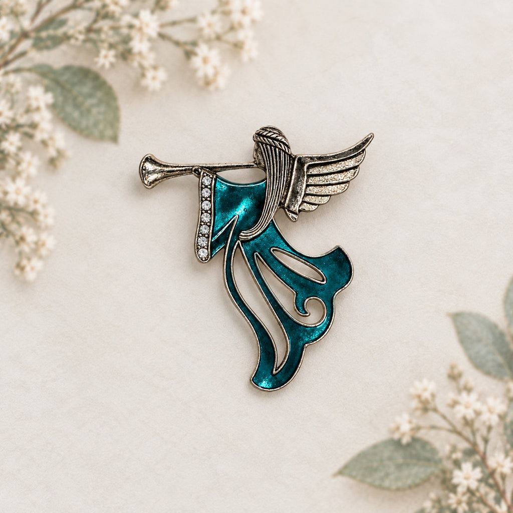 Vintage Teal Enamel Angel Trumpet Brooch Rhinestone Silver Holiday Pin CP171