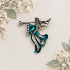 Vintage Teal Enamel Angel Trumpet Brooch Rhinestone Silver Holiday Pin CP171