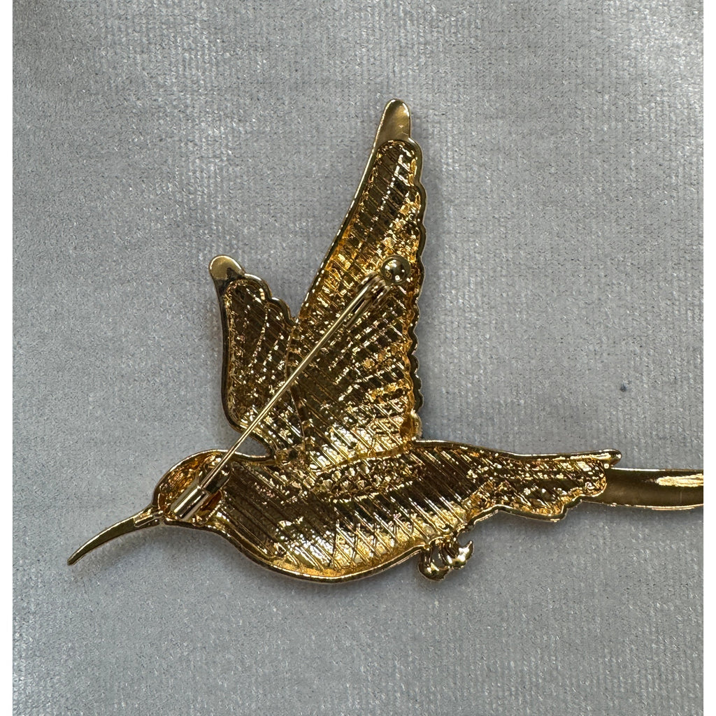 USA Flag Hummingbird Pin Brooch Gold Rhinestone Americana Patriotic 3.5"CP178
