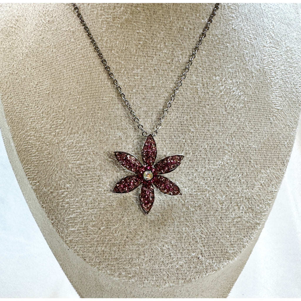Vintage Pink Rhinestone Flower Pendant Necklace Silver Tone Floral Jewelry N457