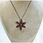 Vintage Pink Rhinestone Flower Pendant Necklace Silver Tone Floral Jewelry N457