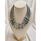 Silver Gray Faux Pearl Crystal Multi Strand Statement Necklace N643