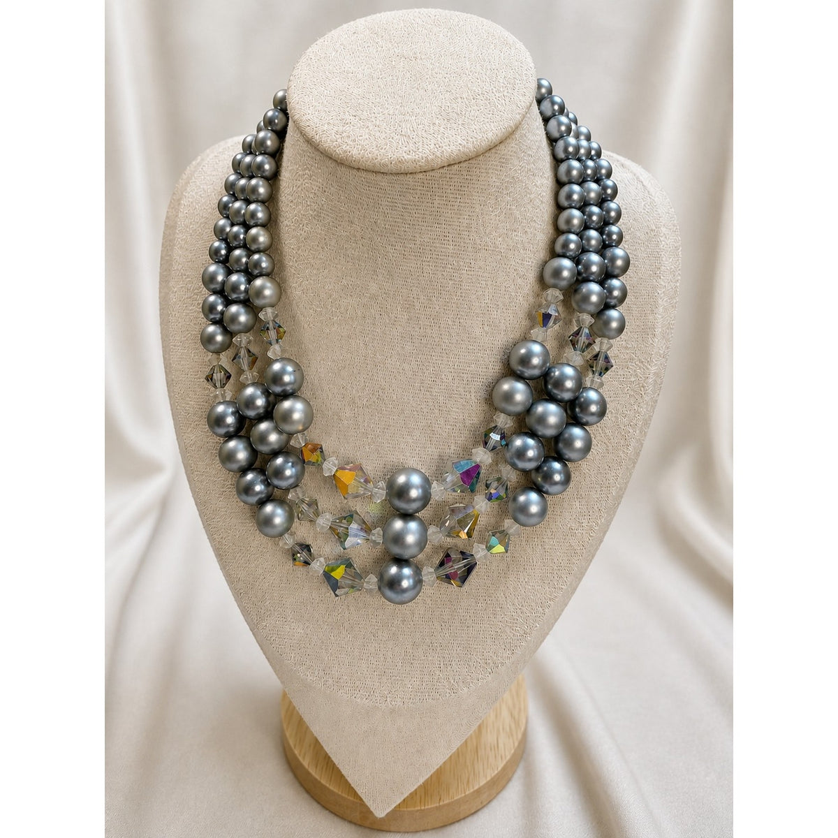 Silver Gray Faux Pearl Crystal Multi Strand Statement Necklace N643