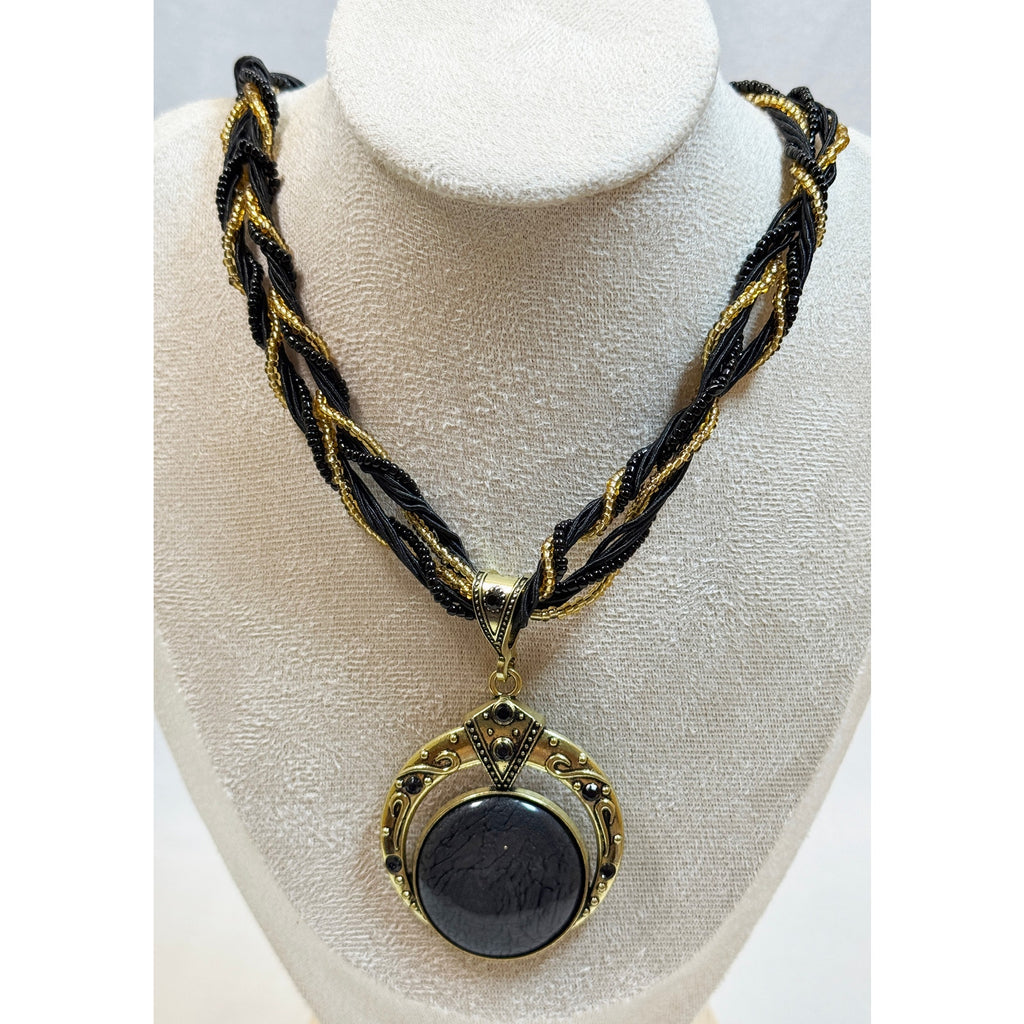 Black Stone Pendant Necklace Multi Strand Beaded Cord 16-18" Boho N365