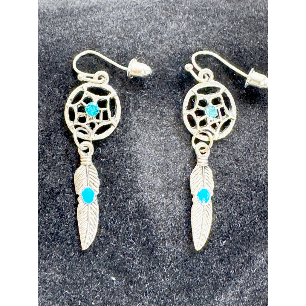 Silver Dreamcatcher Feather Dangle Earrings Turquoise Accent Boho E511
