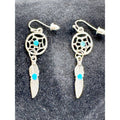 Silver Dreamcatcher Feather Dangle Earrings Turquoise Accent Boho E511
