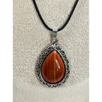 Red Teardrop Stone Pendant Necklace Silver Tone Black Cord Boho New  N384