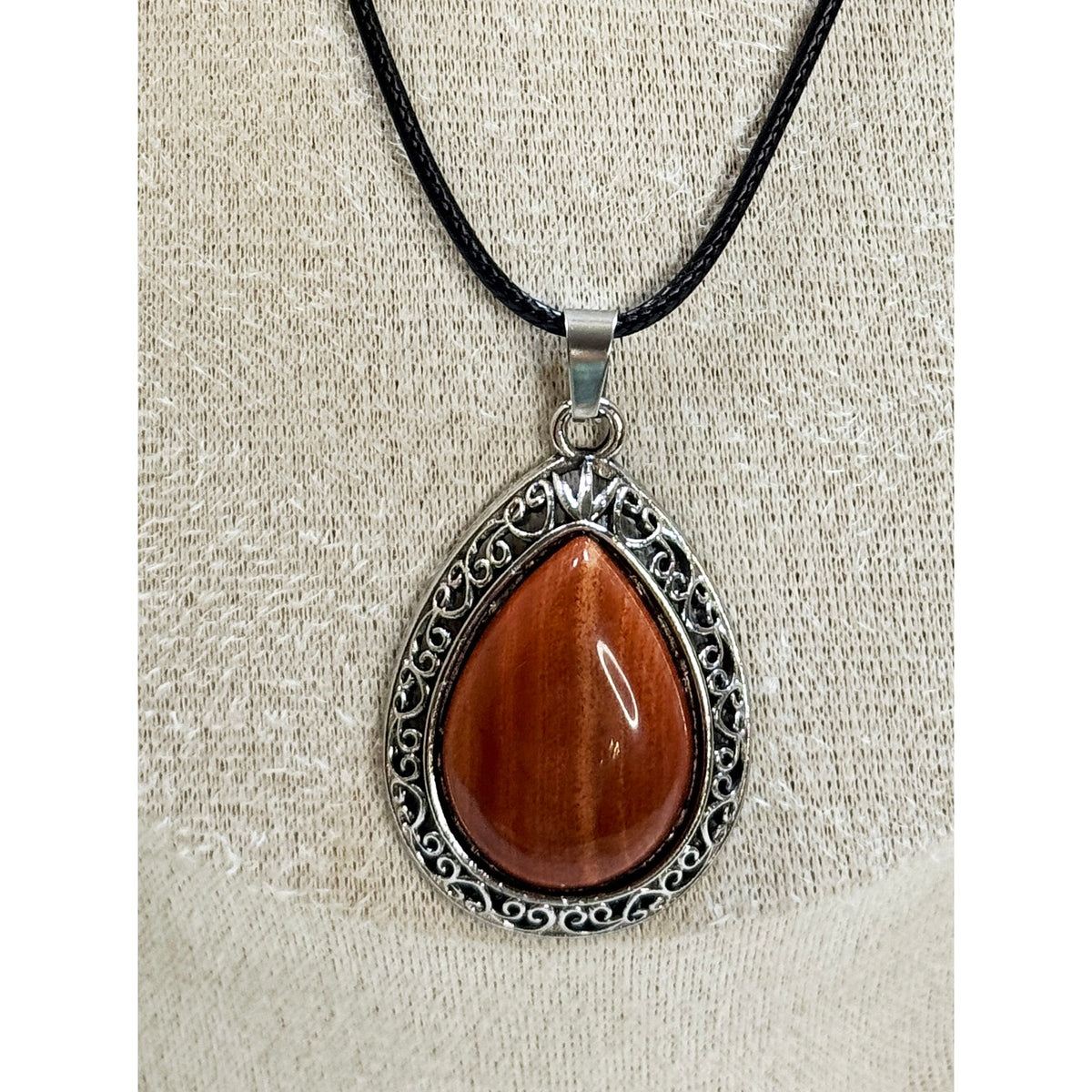 Red Teardrop Stone Pendant Necklace Silver Tone Black Cord Boho New  N384