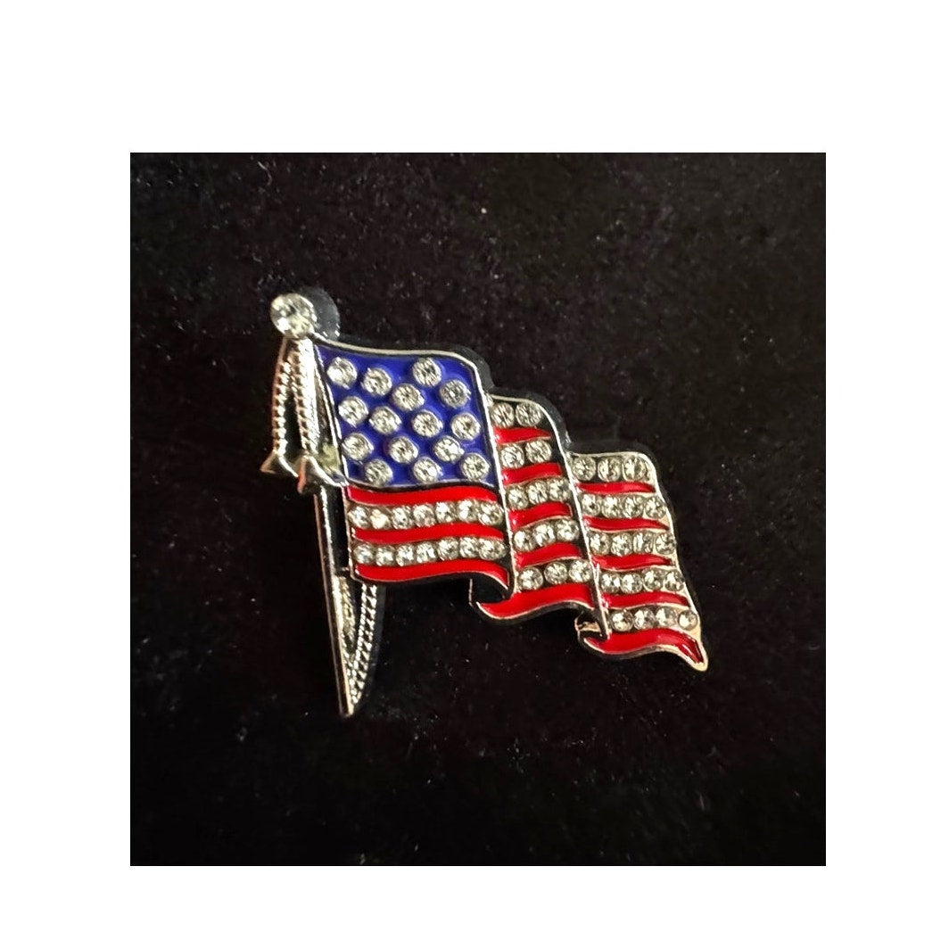Patriotic American Flag Rhinestone Brooch Pin Red White Blue USA 1” CP158