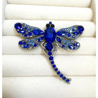 Blue Rhinestone Dragonfly Brooch Pin Gunmetal Gray Crystal Insect 2" CP253