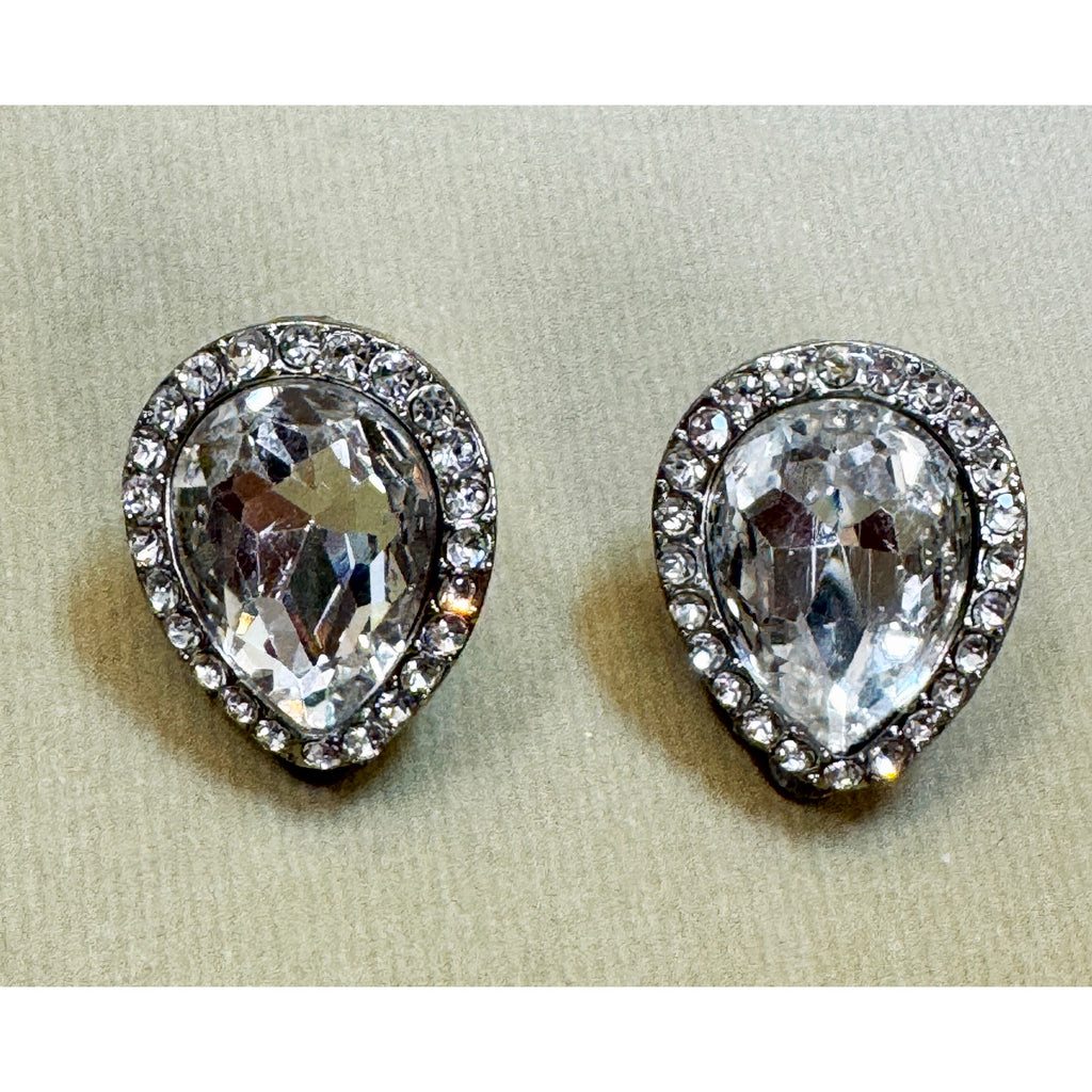 Vintage Clear Rhinestone Clip-On Earrings Silver Tone Teardrop Statement 1" E497