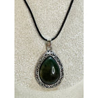 Black Teardrop Stone Pendant Necklace Silver Tone Black Cord Boho New  N383