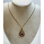 Vintage Gold Tone Teardrop Pendant Necklace Faux Pearl & Black Accent N470