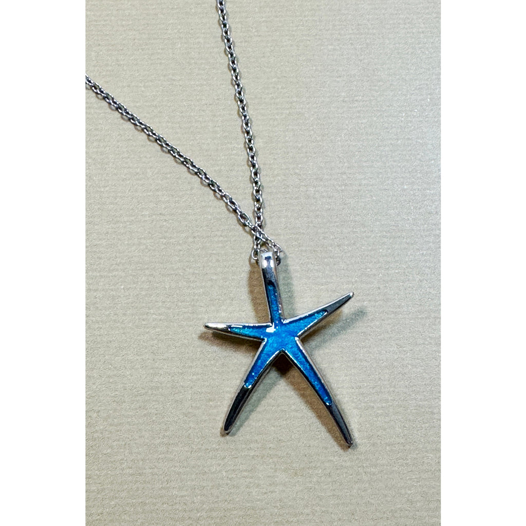 Silver Tone Turquoise Colored Starfish Necklace  Ocean Sea Star Pendant 16" N303