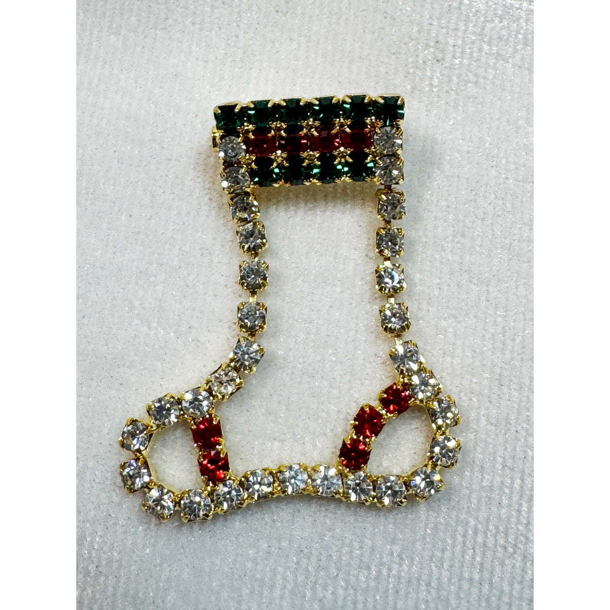 Vintage Rhinestone Christmas Stocking Brooch Pin Red Green Clear Holiday CP188