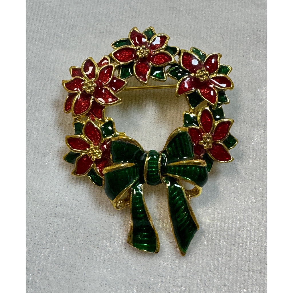 New Enamel Christmas Wreath Brooch Pin Red Poinsettia Green Bow 2" CP160