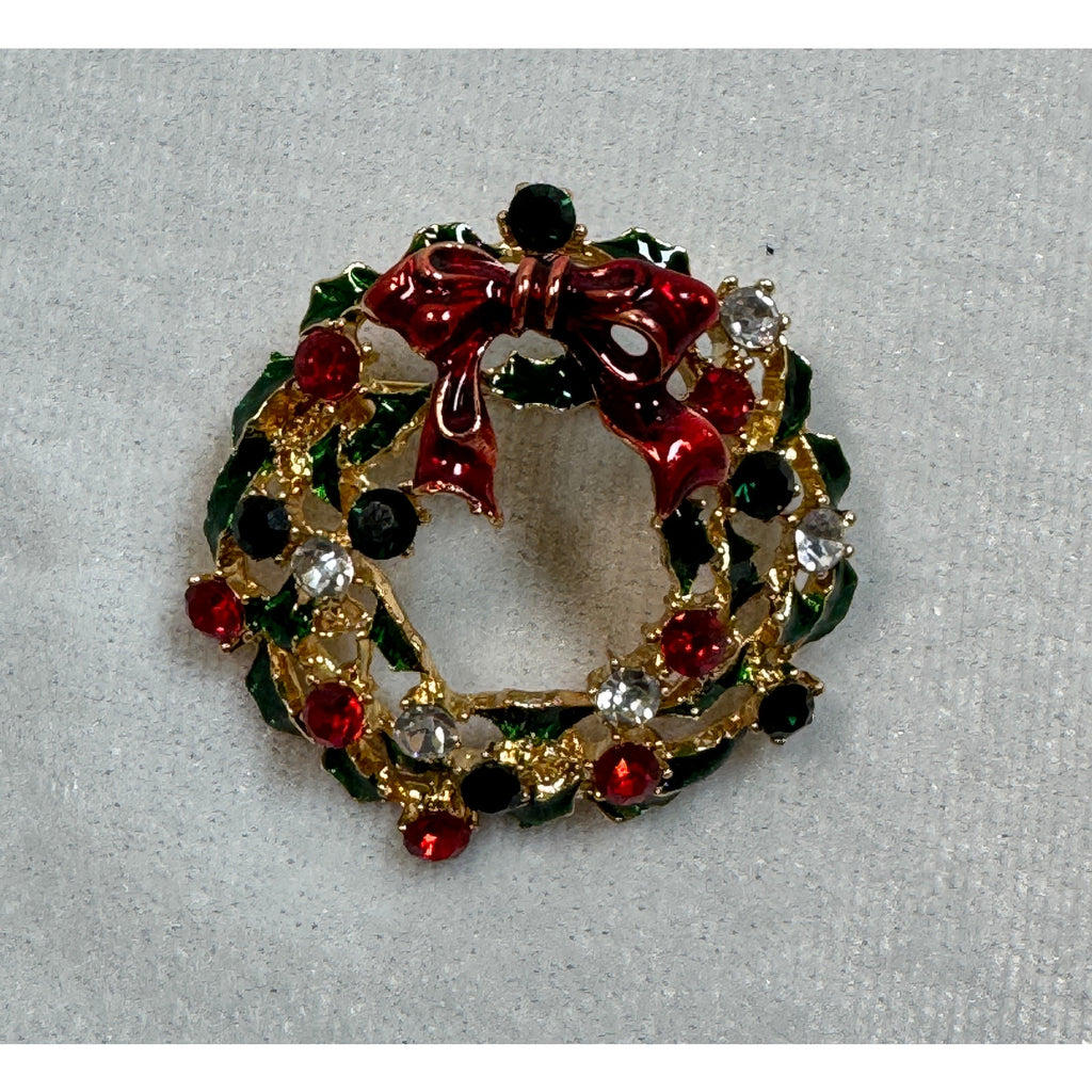 New Christmas Wreath Brooch Pin Rhinestone Red Green Gold 1.5" CP165