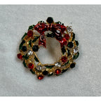 New Christmas Wreath Brooch Pin Rhinestone Red Green Gold 1.5" CP165