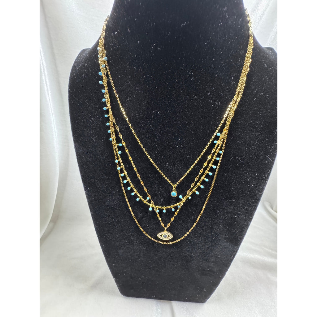 Gold Layered Evil Eye Necklace Blue Bead Multi Strand Boho Necklace N124