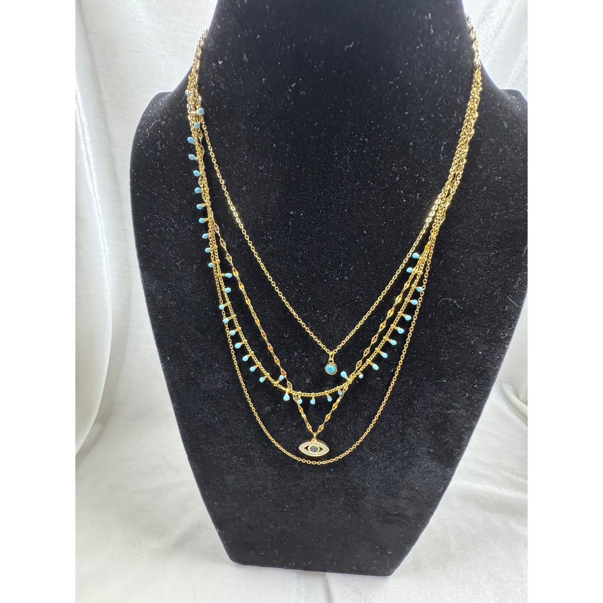 Gold Layered Evil Eye Necklace Blue Bead Multi Strand Boho Necklace N124