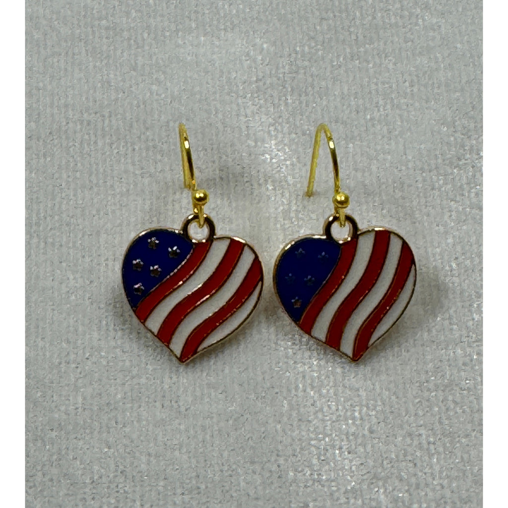 Americana USA Heart Flag Dangle Earrings Patriotic Red White Blue E235