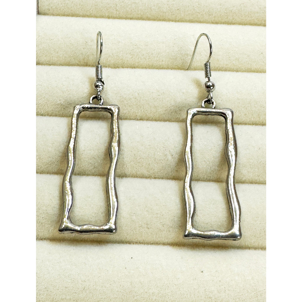 Silver Tone Open Rectangle Dangle Earrings Geometric 2.25" Long Modern E809