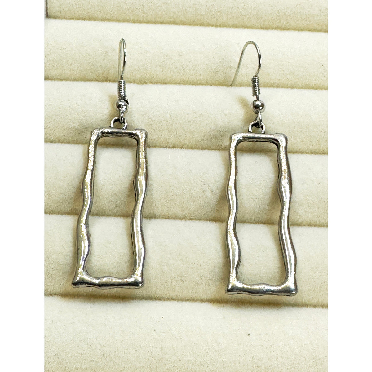 Silver Tone Open Rectangle Dangle Earrings Geometric 2.25" Long Modern E809