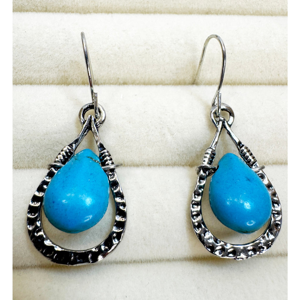 Turquoise Teardrop Drop Earrings Silver Tone Boho Western Dangle E798