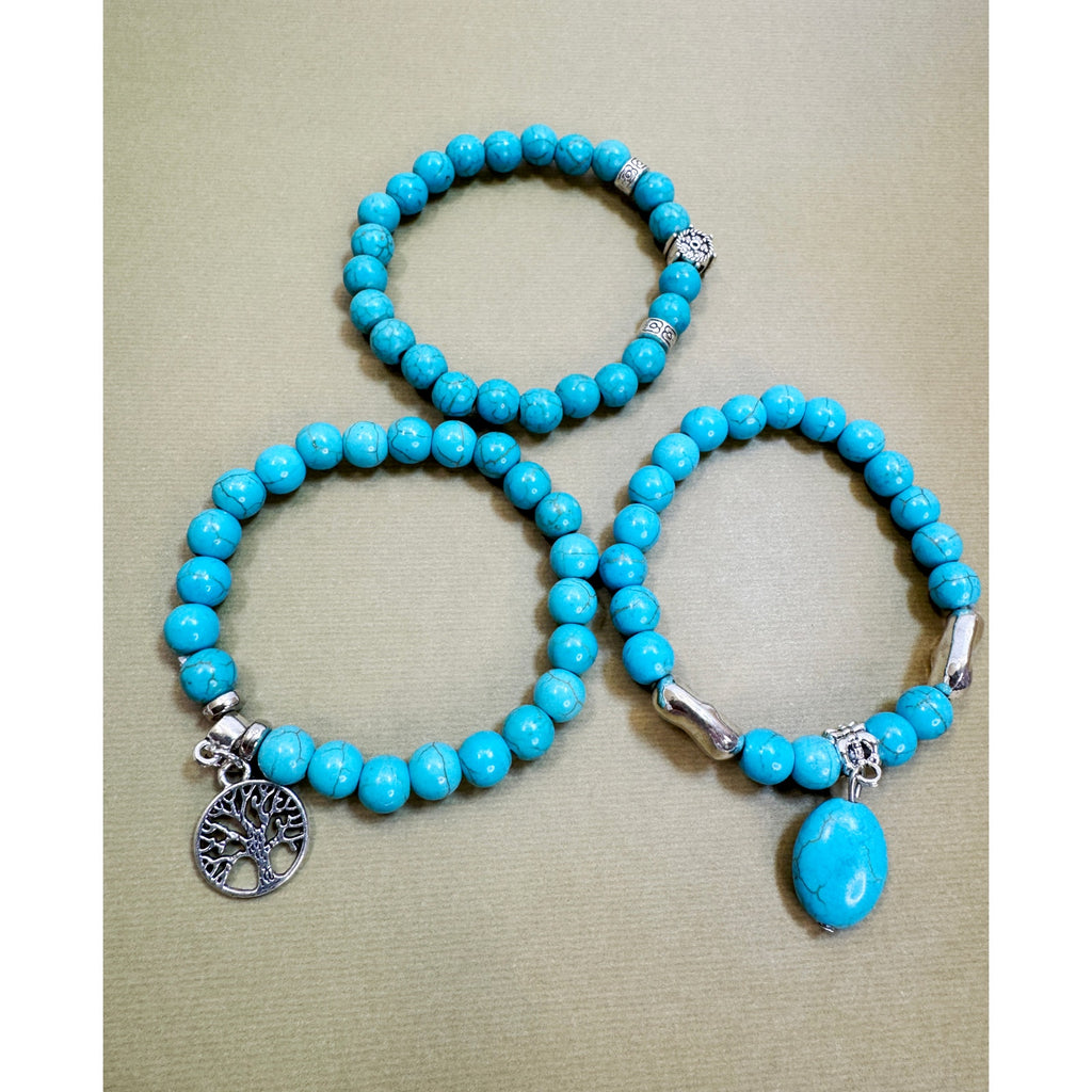 Set of 3 Turquoise Bead Stretch Bracelets Tree Charm Boho Stack