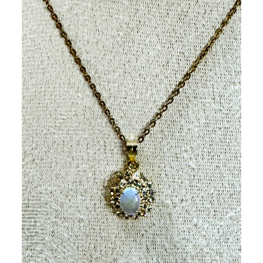 Vintage Style Opalite & Rhinestone Pendant Necklace Gold Tone 20" Chain