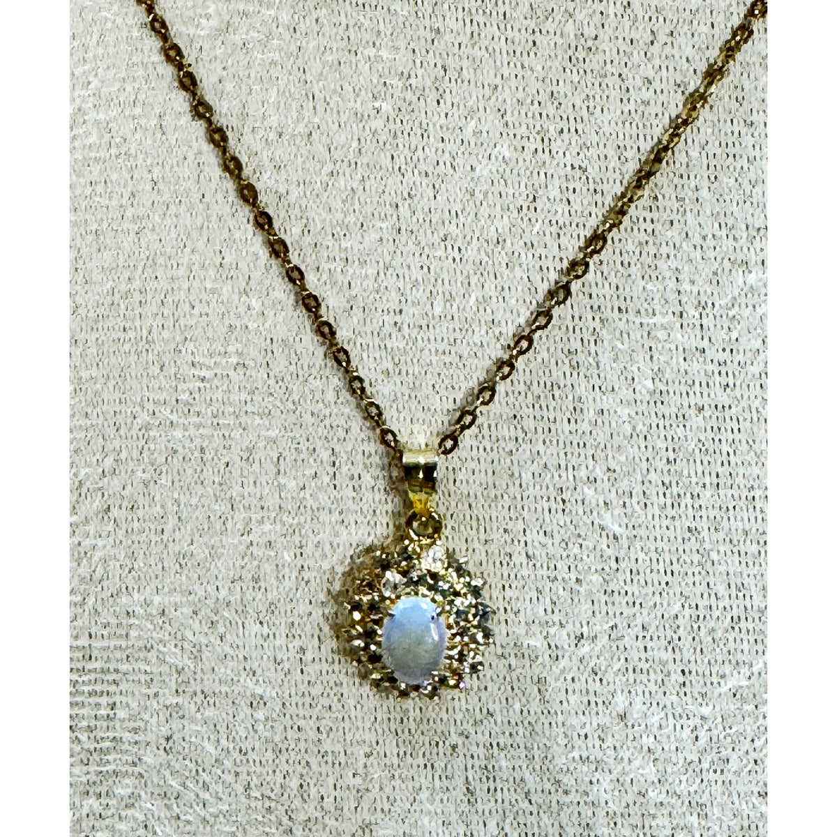 Vintage Style Opalite & Rhinestone Pendant Necklace Gold Tone 20" Chain