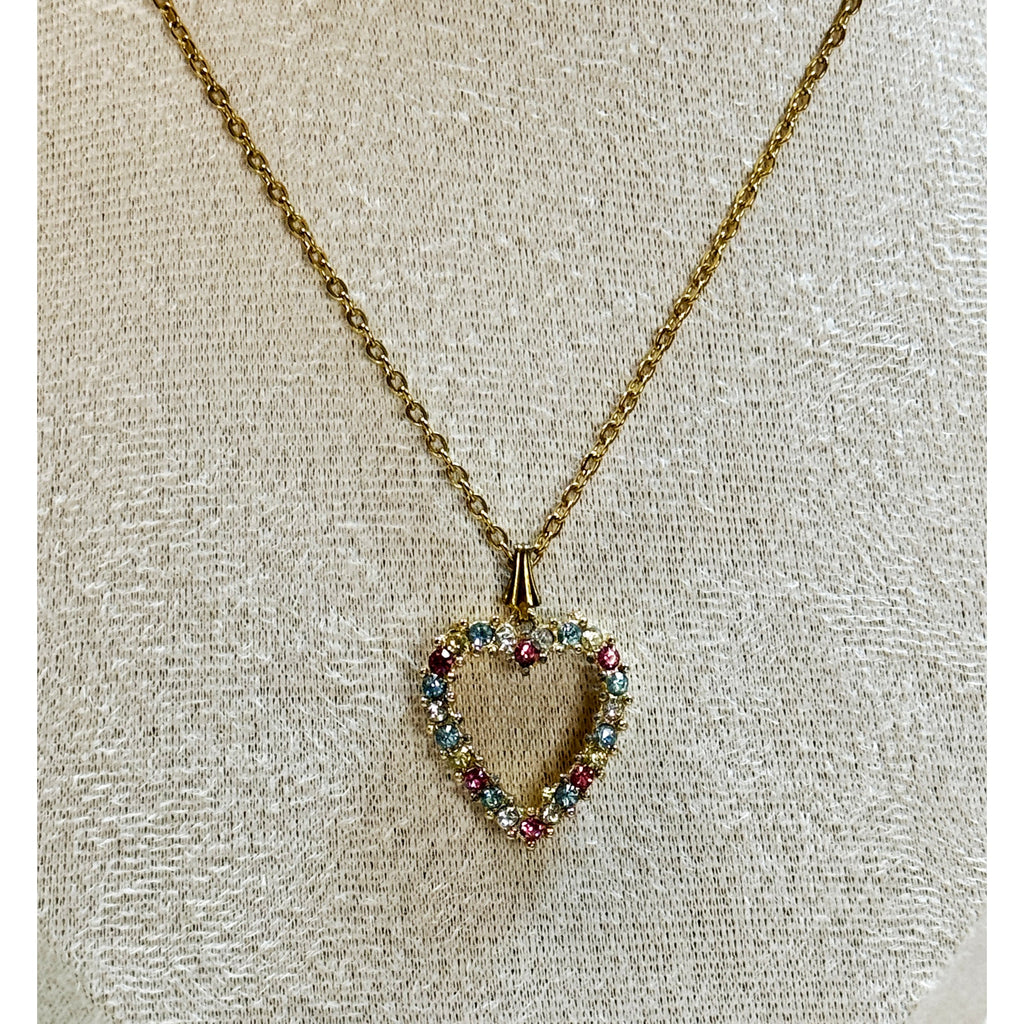 Vintage Open Heart Rhinestone Necklace Pink Blue Crystal Pendant Gold N477