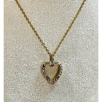 Vintage Open Heart Rhinestone Necklace Pink Blue Crystal Pendant Gold N477