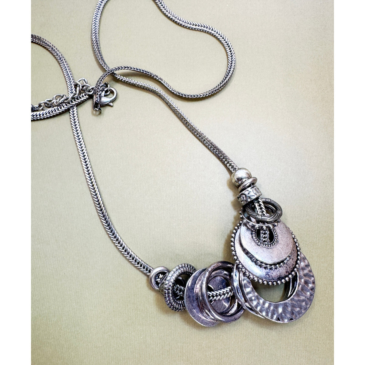 Vintage Silver Tone Statement Necklace 36" Long Multi Ring Pendant N413