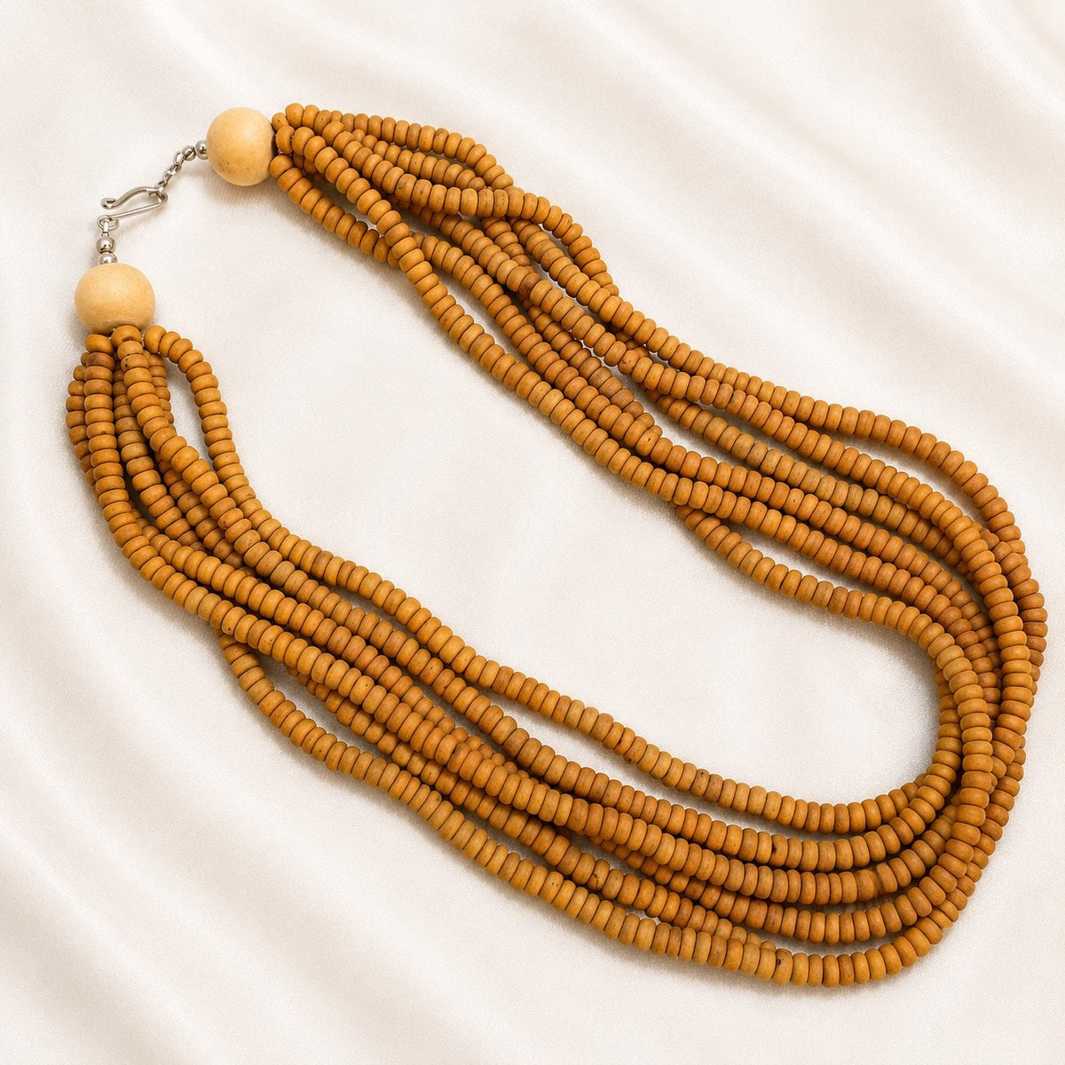24 Inch Multi Strand Wooden Bead Necklace Brown Boho Statement N648