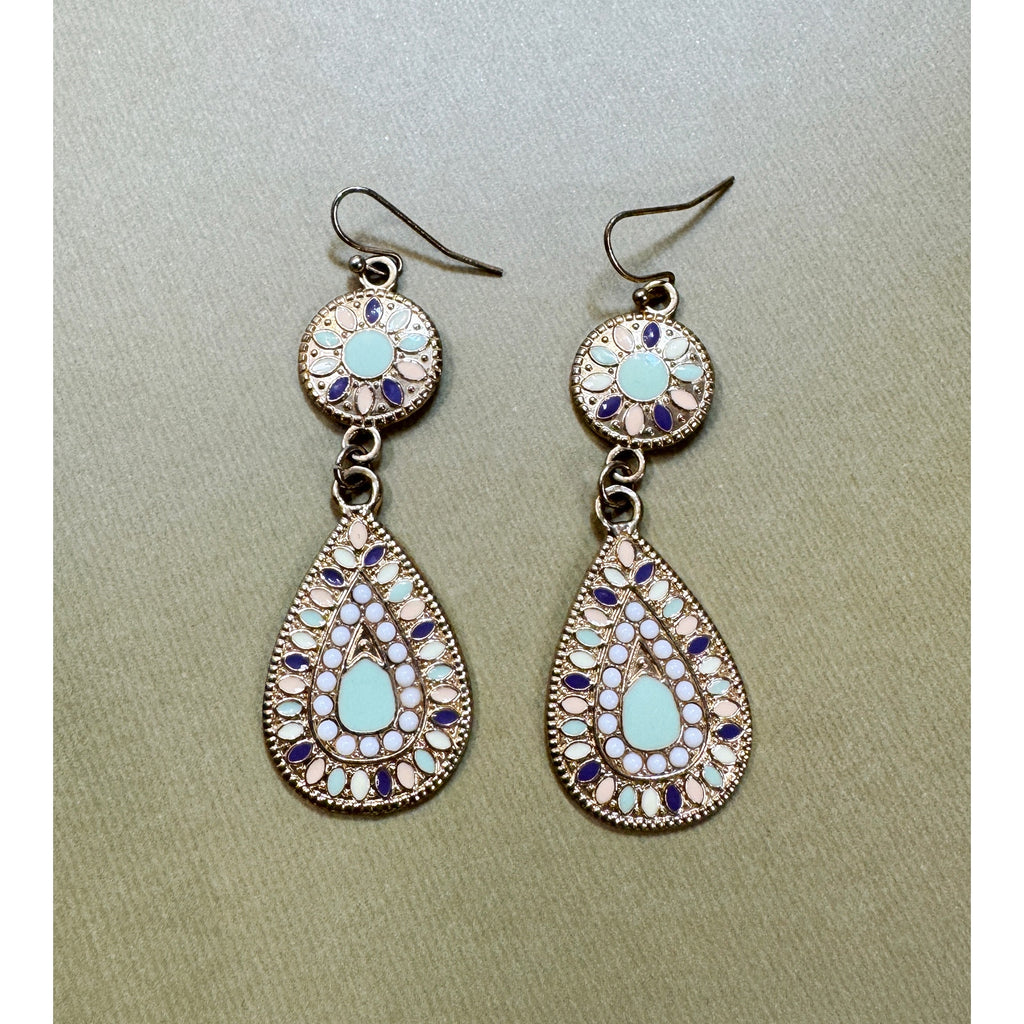 Vintage Enamel Teardrop Dangle Earrings Pastel Blue Pink Gold Boho 2.75" E506