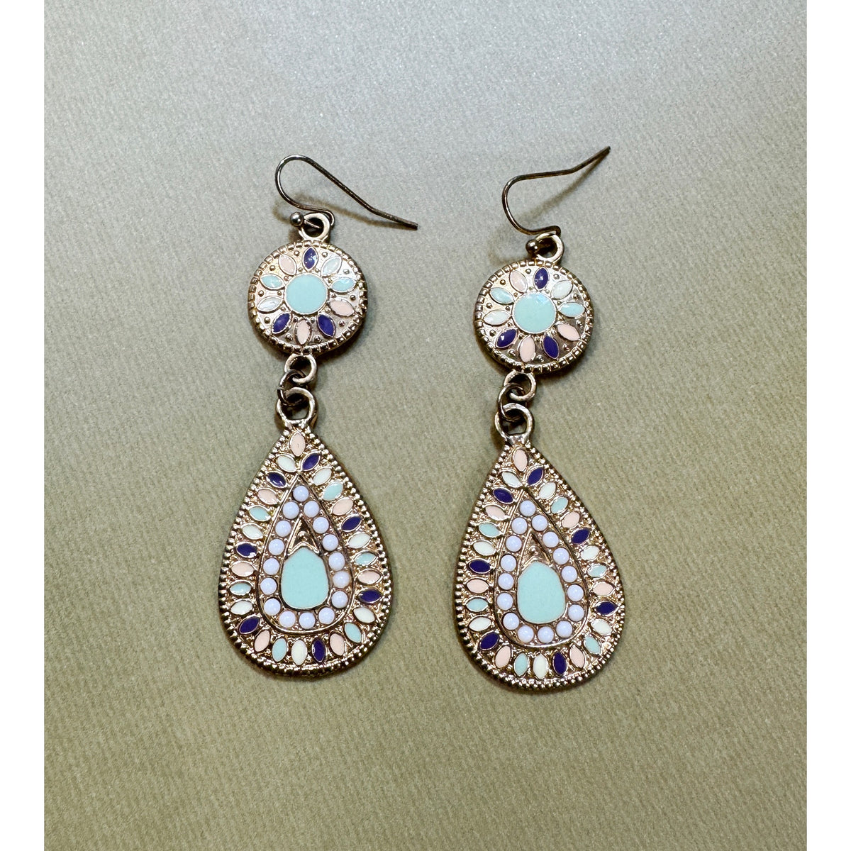 Vintage Enamel Teardrop Dangle Earrings Pastel Blue Pink Gold Boho 2.75" E506