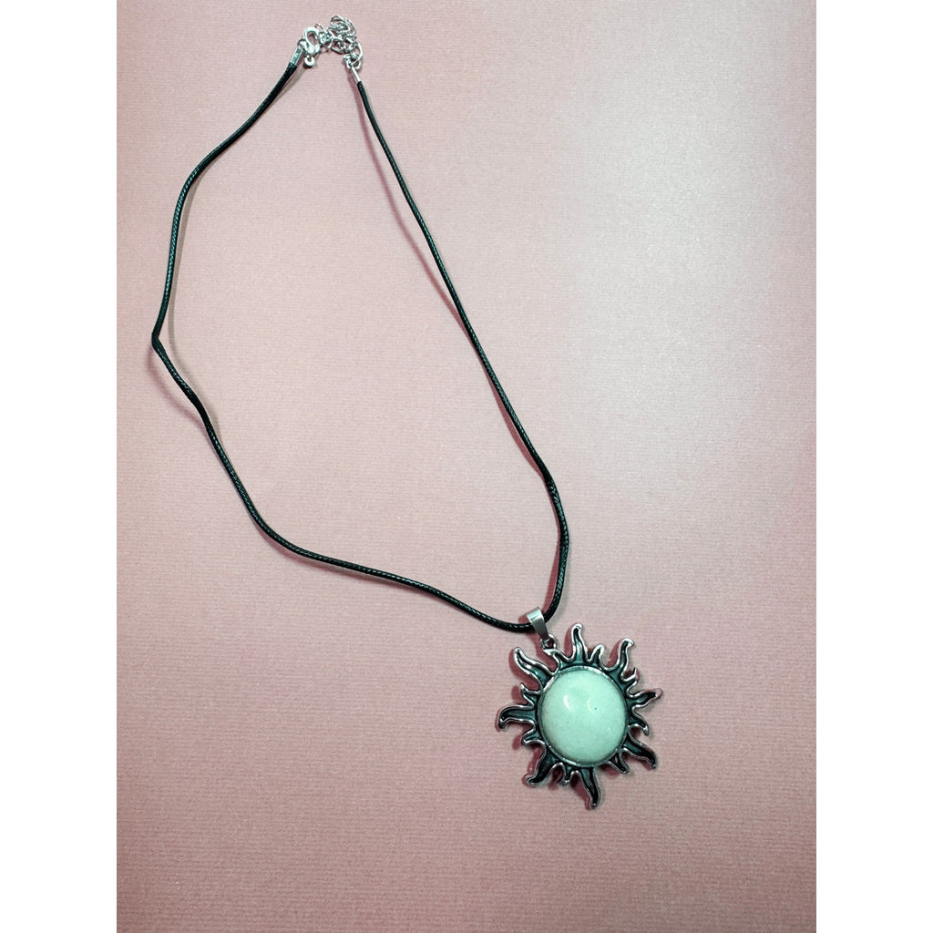 Pea Green Sun Pendant Necklace Celestial 2" Pendant 16-18" Cord N301