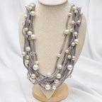 Vintage Multi Strand Faux Pearl Necklace Silver Gray Statement Jewelry N642