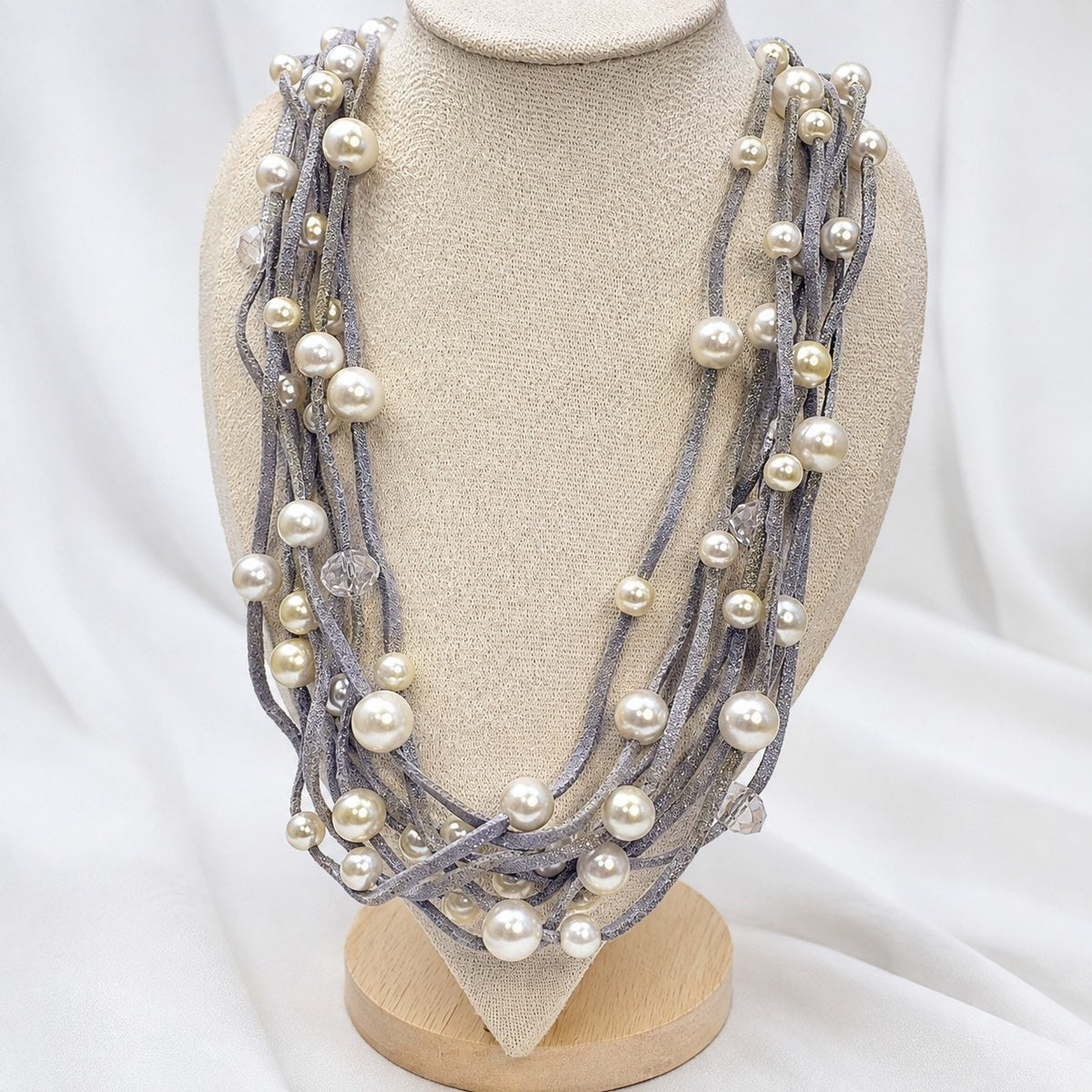 Vintage Multi Strand Faux Pearl Necklace Silver Gray Statement Jewelry N642