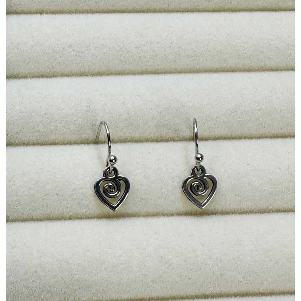 Tiny Silver Heart Dangle Hook Earrings Swirl Open Heart 3/4 Inch Minimalist E482