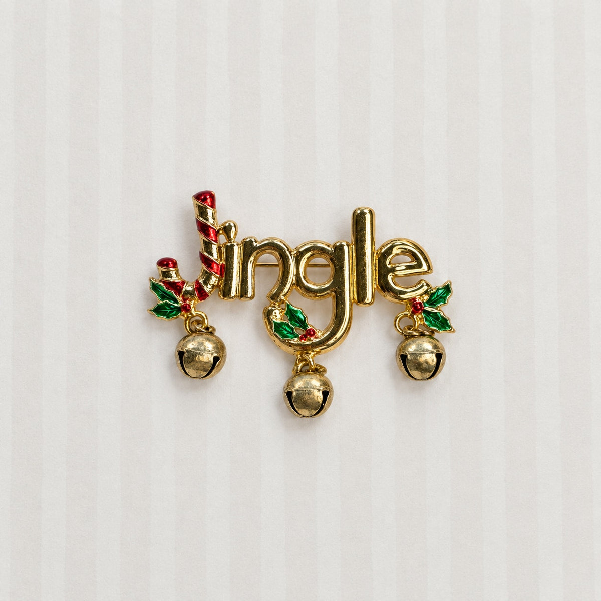 Jingle Christmas Brooch Gold Tone Bells Candy Cane Holly Enamel Holiday CP178