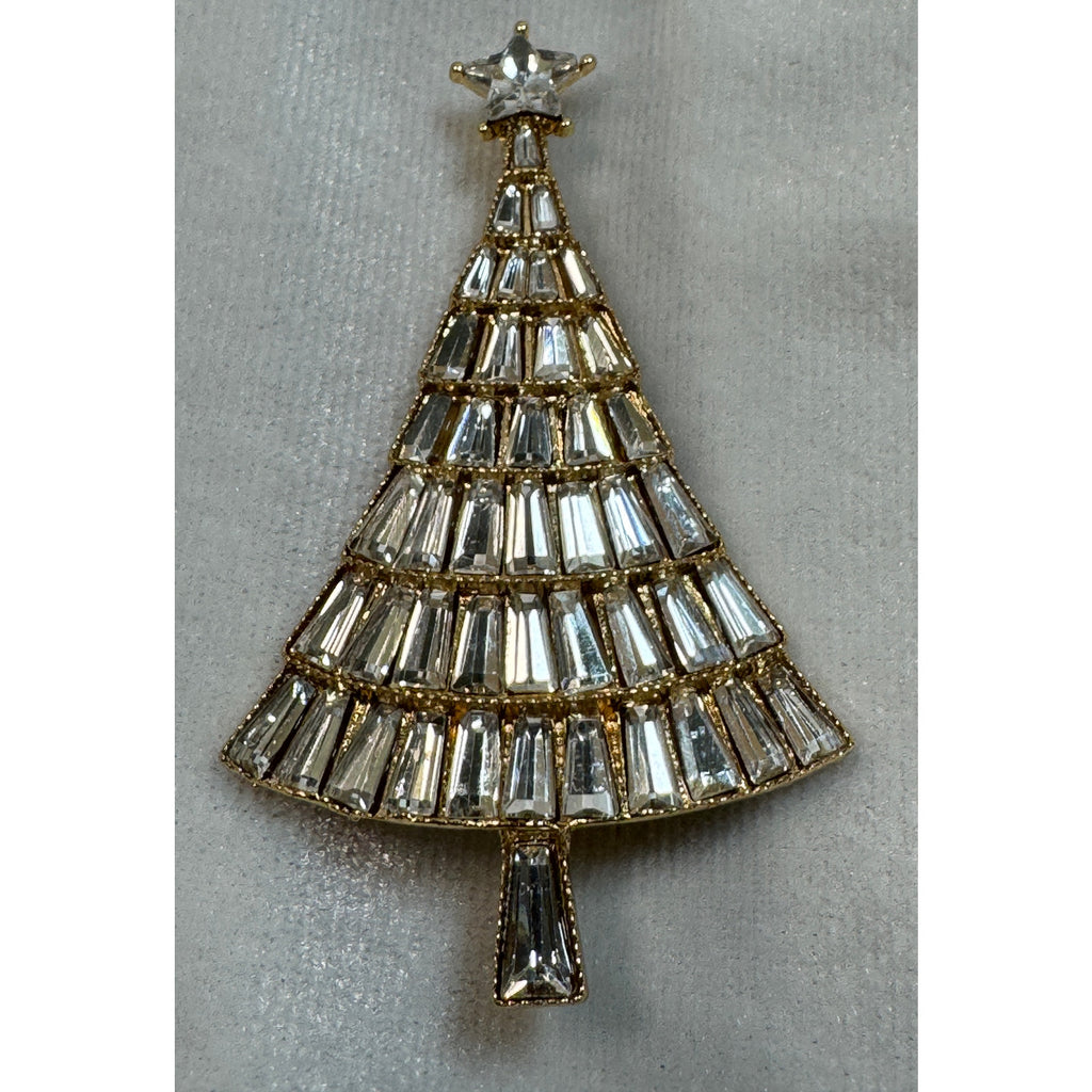 Clear Rhinestone Christmas Tree Brooch Pin Gold Tone Holiday 2.5" CP170