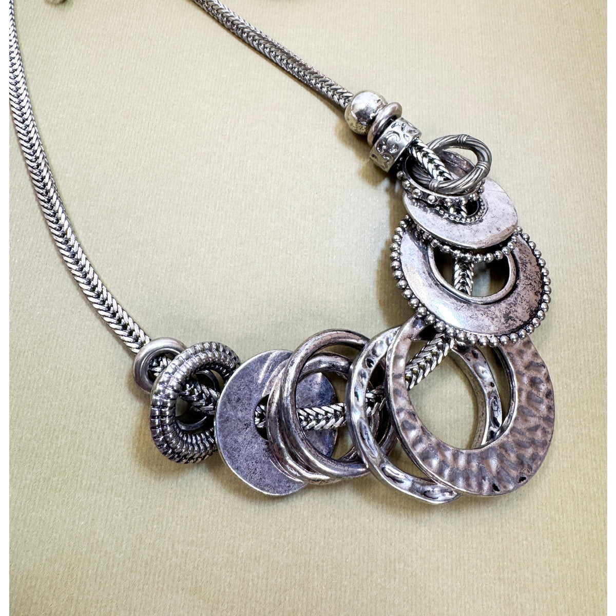 Vintage Silver Tone Statement Necklace 36" Long Multi Ring Pendant N413